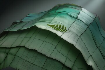 Abstract textured surface with green hues and a single fern leaf
