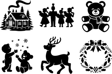 Christmas silhouettes Cabin Snow Choir Line Teddy Bear Gift First Snow Rudolph Run and Wreath Ring