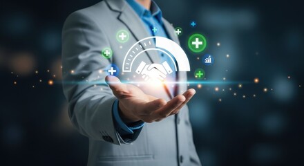 Digital success and collaboration symbol with glowing interface in businessman’s outstretched hand