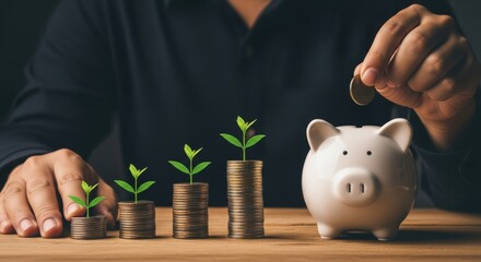Financial growth concept with piggy bank, coin stacks, and nurturing green plants symbolizing savings accumulation