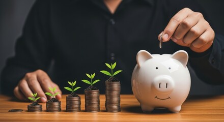 Financial growth concept with piggy bank, coin stacks, and nurturing green plants symbolizing savings accumulation