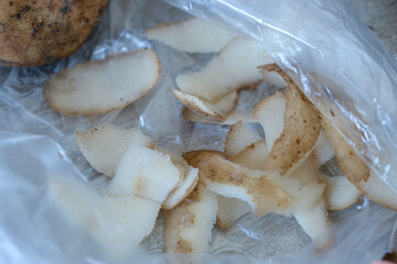 partially peeled raw potato with a vegetable peeler and potato skins on plastic surface, kitchen preparation scene home cooking, food preparation, kitchen tools, healthy eating