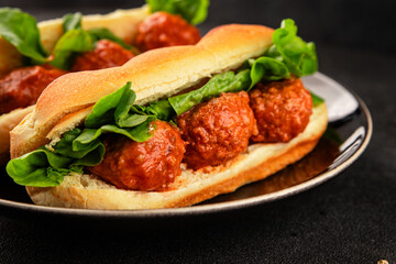 Meatball sandwich fast food meat dish fresh delicious gourmet food background on the table rustic food top view copy space