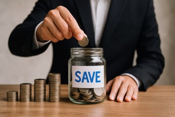 Financial planning concept with coin stacks and saving jar on wooden table, focused on budgeting and growth