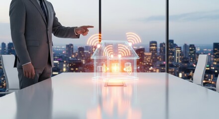 Smart home IoT concept shown by professional in bright meeting room with polished table reflection