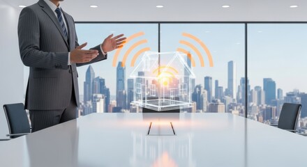 Smart home IoT concept shown by professional in bright meeting room with polished table reflection