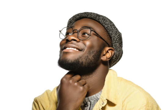 Smiling man looking up in yellow shirt and knit hat isolated on transparent png background.