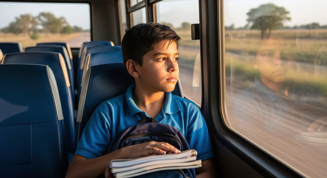 A young boy looking out the window of a bus with a backpack and books on his lap during the day