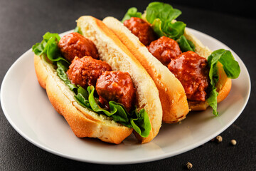 Meatball sandwich fast food meat dish fresh delicious gourmet food background on the table rustic food top view copy space
