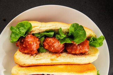 Meatball sandwich fast food meat dish fresh delicious gourmet food background on the table rustic food top view copy space