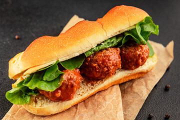 Meatball sandwich fast food meat dish fresh delicious gourmet food background on the table rustic food top view copy space