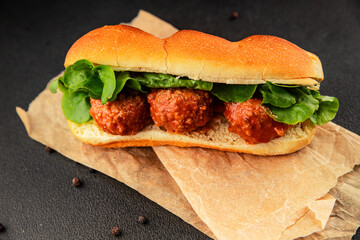Meatball sandwich fast food meat dish fresh delicious gourmet food background on the table rustic...