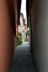 Narrow cobblestone alley between traditional European buildings at midday