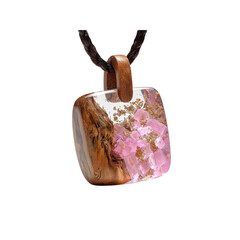 Unique Square Resin Pendant with Pink Crystals and Wood Accents