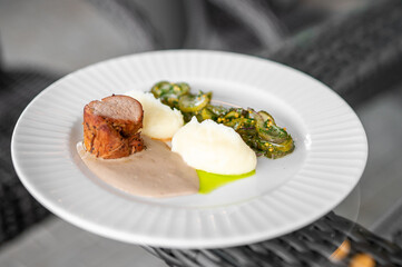 Elegant gourmet dish featuring roasted meat with creamy sauce, mashed potatoes, and sautéed vegetables, artistically plated on a white plate.