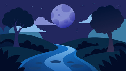 Obraz premium Serene River Under Moonlight Surrounded by Dark Leafy Trees at Night