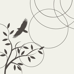 Stylized dark silhouette of an eagle soaring past a decorative branch with leaves and abstract circles