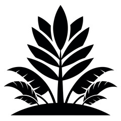 Silhouette Illustration of Banana Trees and a Central Palmlike Plant Growing on a Small Mound