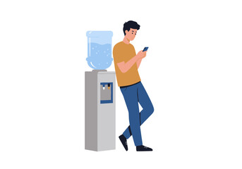 Illustration Vector of a Man Leaning on a Water Cooler and Using a Smartphone in Modern Style