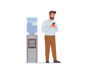 Modern Vector Illustration of Bearded Man with Phone Standing by Water Cooler in Office Setting Simple and Professional Design