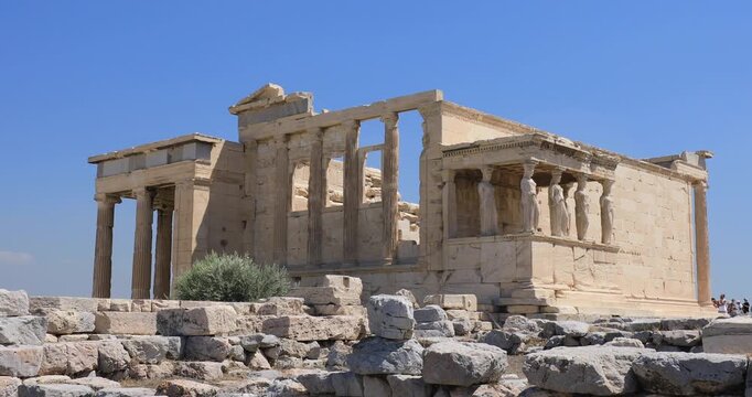 Locked down stationary 4K motion of the Erechtheion on the Acropolis in Athens, and the South view of the porch of Caryatids, Athens, Greece, Europe