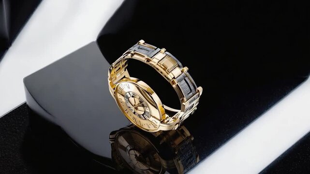 Luxurious gold and gray watch displayed on a black surface