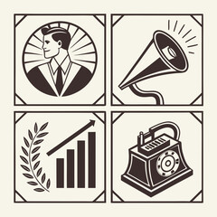 Vintage business icons featuring a gentleman megaphone growth chart and old telephone