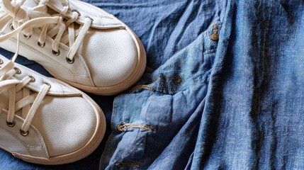 Denim background with diagonally placed casual shoes, ideal for youth fashion editorials or product catalogs.