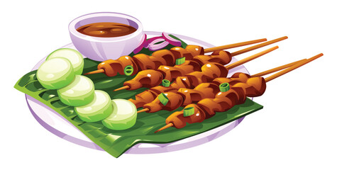 Indonesian chicken satay on skewers with peanut sauce, cucumber, and onion on a banana leaf. Vector cartoon illustration