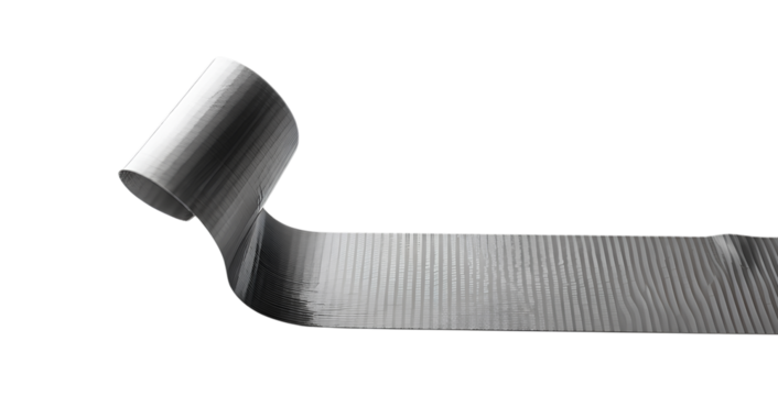 Unfolded duct tape roll isolated on transparent background. Gray and silver adhesive tape strip with ripped edges. Realistic texture. Template mockup for message, labels, design elements. PNG