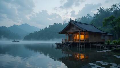 Fototapeta premium Peaceful Bamboo Hut Glowing at Dusk During Rainy Season with Reflection in Water and Lush Nature – Tranquil Tropical Retreat in Serene Landscape