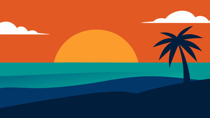 Vibrant sunset over a palm beach with a beautiful orange sea glow