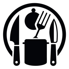 Black and White Kitchenware Emblem Featuring Pot, Fork, Knives, and Plate Design Icon