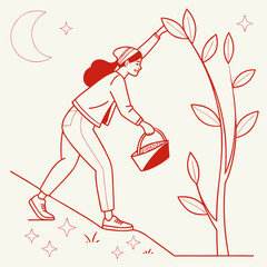Woman harvesting fruit from a tree at night under a crescent moon and stars