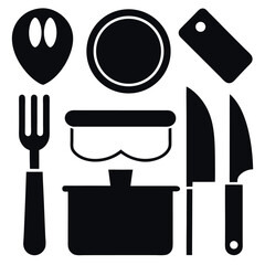 Black and White of Kitchen Utensils Spoon, Plate, Pot, and Knives