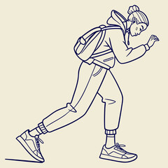 Young woman wearing a hoodie and backpack walking forward with determination