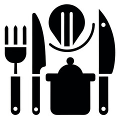Black Silhouette of Kitchen Utensils Fork, Knives, Cooking Pot, and Ladle Illustration
