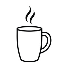 Simple line drawing of a steaming mug of hot beverage isolated on white background