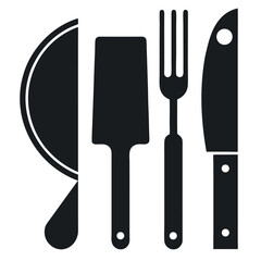 Black Silhouette of Kitchen Tools Cake Server, Knife, Fork, and Spatula Cutout Style