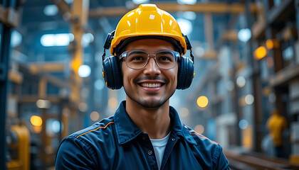 Confident Smiling Industrial Professional in Yellow Hard Hat and Safety Gear - Dedicated Factory Worker, Engineer, and Manufacturing Industry Expert