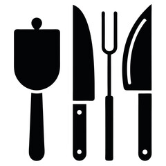 Black Silhouette of Kitchen Utensils Spatula, Carving Fork, and Two Knives