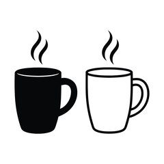 Two steaming mugs one black silhouette and one outline isolated on white background