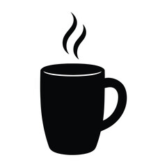 Simple black silhouette of a hot coffee mug with steam isolated on white background