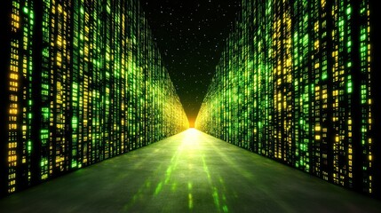 Digital Matrix Corridor: A Glowing Green and Yellow Data Stream Pathway