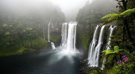 Fototapeta premium Serene wilderness scene with a powerful, multi-tiered waterfall cascading into a tranquil pool amidst a foggy jungle