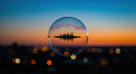 Dreamy cityscape reflected in a bubble at sunset creating a magical urban scene with warm colors