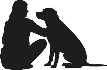 Human dog silhouette, pet interaction, kneeling person, sitting dog, companionship, bond, loyalty, friendship, black outline, white background