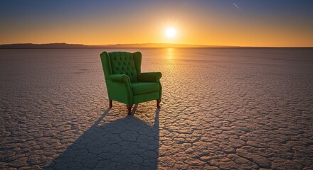 Find peaceful reflection with a comfy green armchair at sunset on a cracked desert landscape