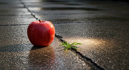 Vibrant red apple and tenacious sprout growing from crack in concrete sidewalk symbolize resilience
