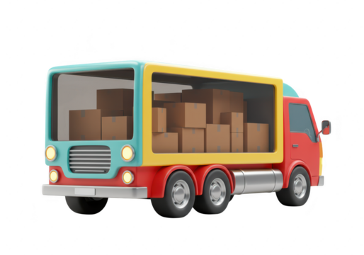 Photo of a colorful delivery truck with an open cargo area full of boxes isolated on transparent background, rendered in 3d